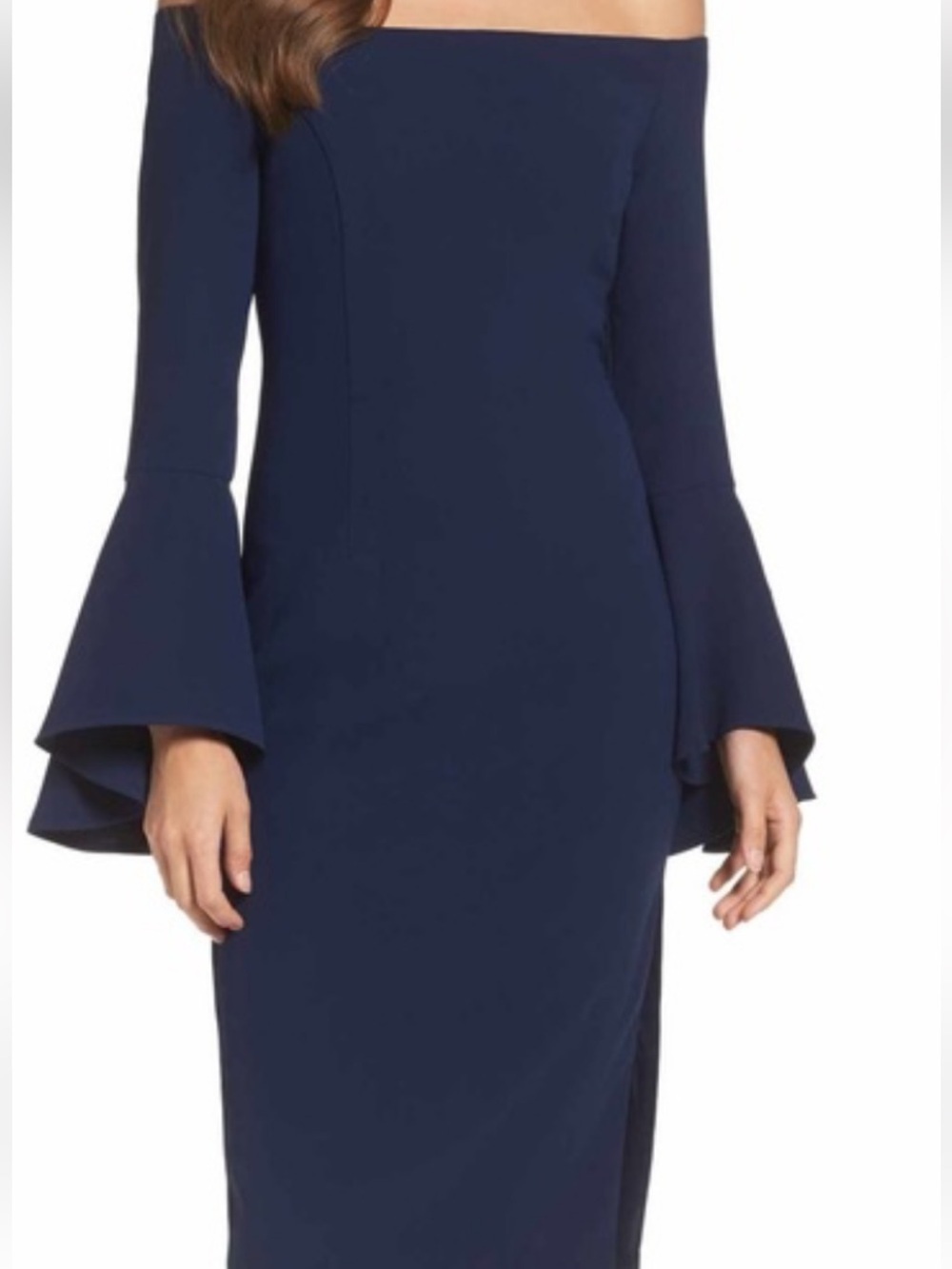 Bardot Navy Off The Shoulder Solace SheathDress Sz 6 Flouncy Sleeve NWT Iconic